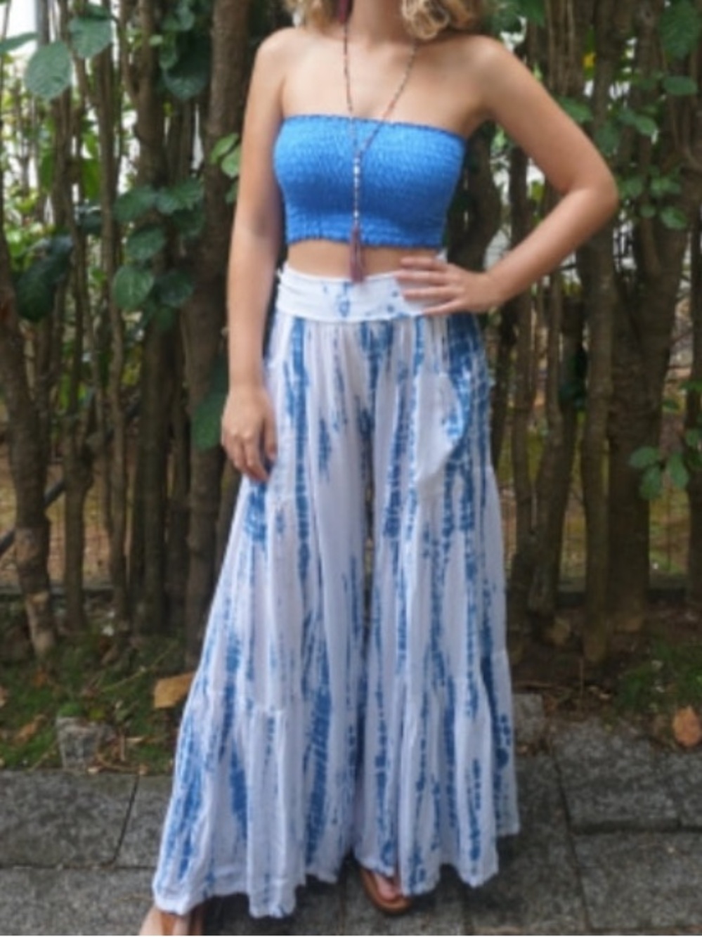 LANI LAU Hawaii Tie Dye Gypsy Pants S/M blue white wide leg